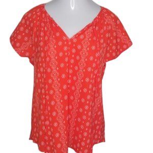 Red and White Geometric Print Flowy Peasant Top Medium